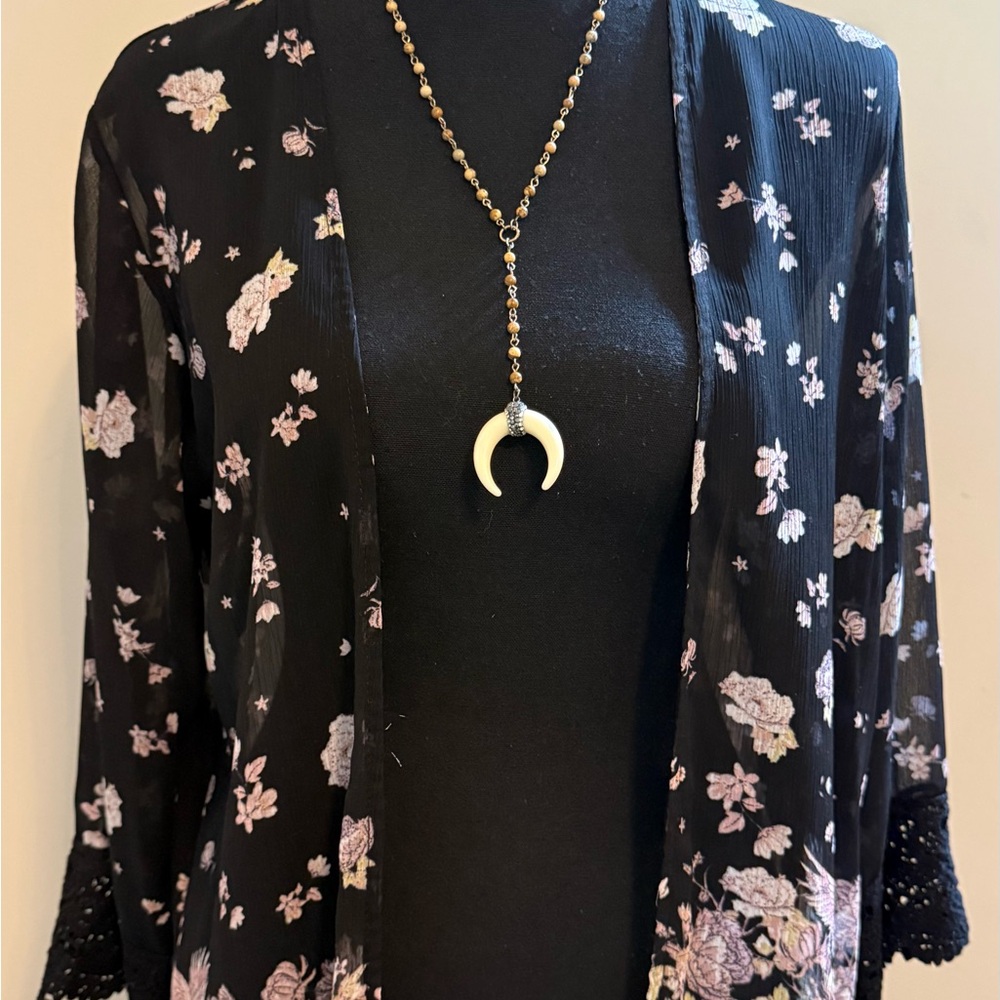 Black Sheer Floral Kimono with Pink Floral Print